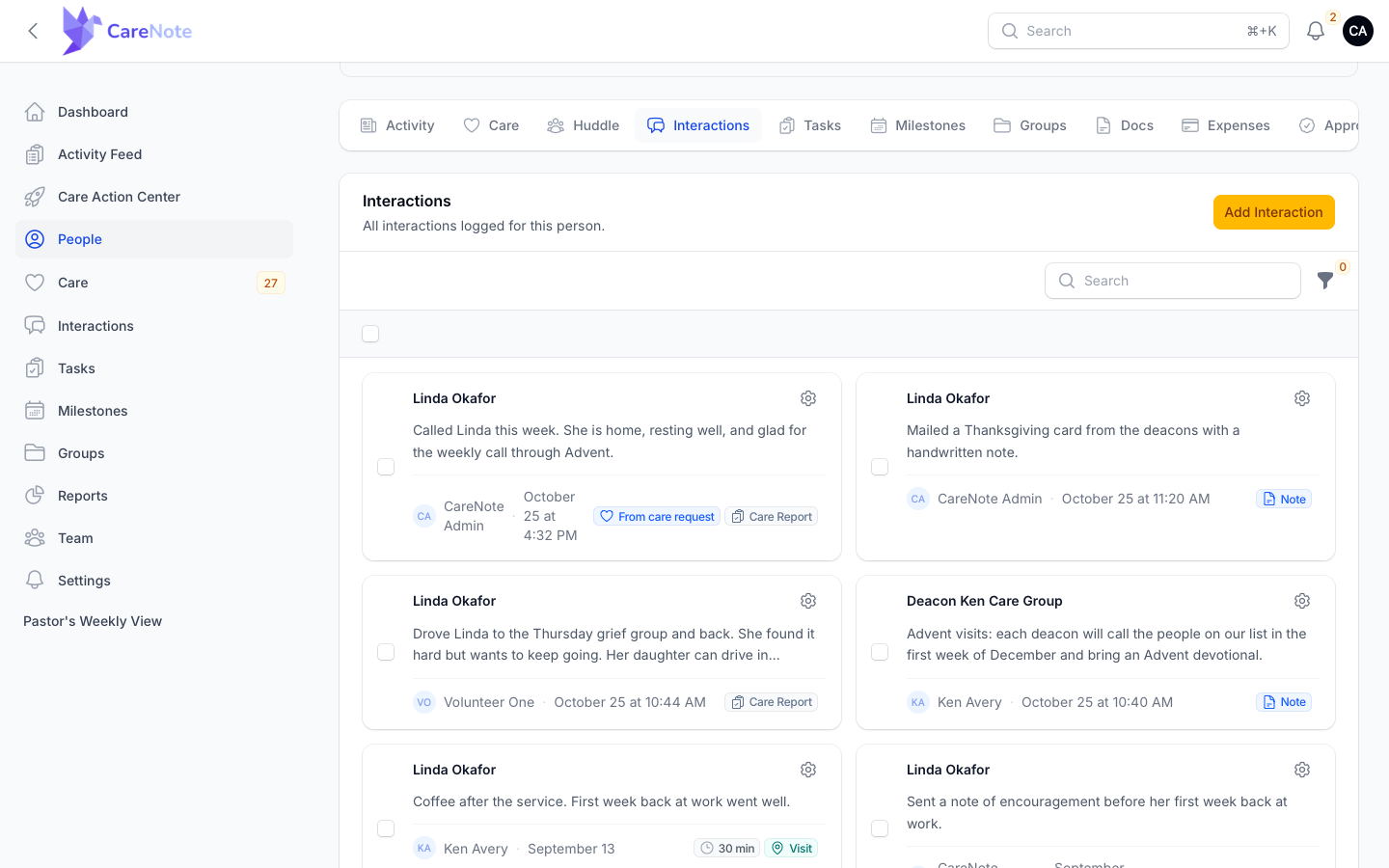 A person's Interactions tab with the Add Interaction button