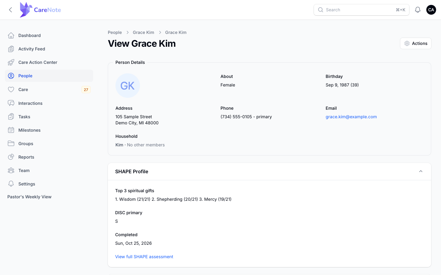 Grace Kim's profile with the SHAPE Profile section showing her top 3 gifts with scores, DISC primary, and completed date