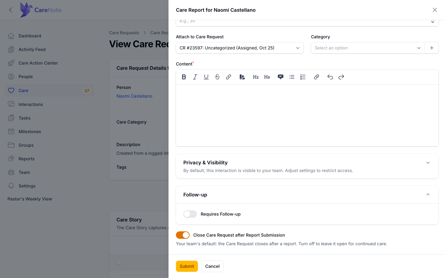 The Close Care Request after Report Submission toggle and its helper text