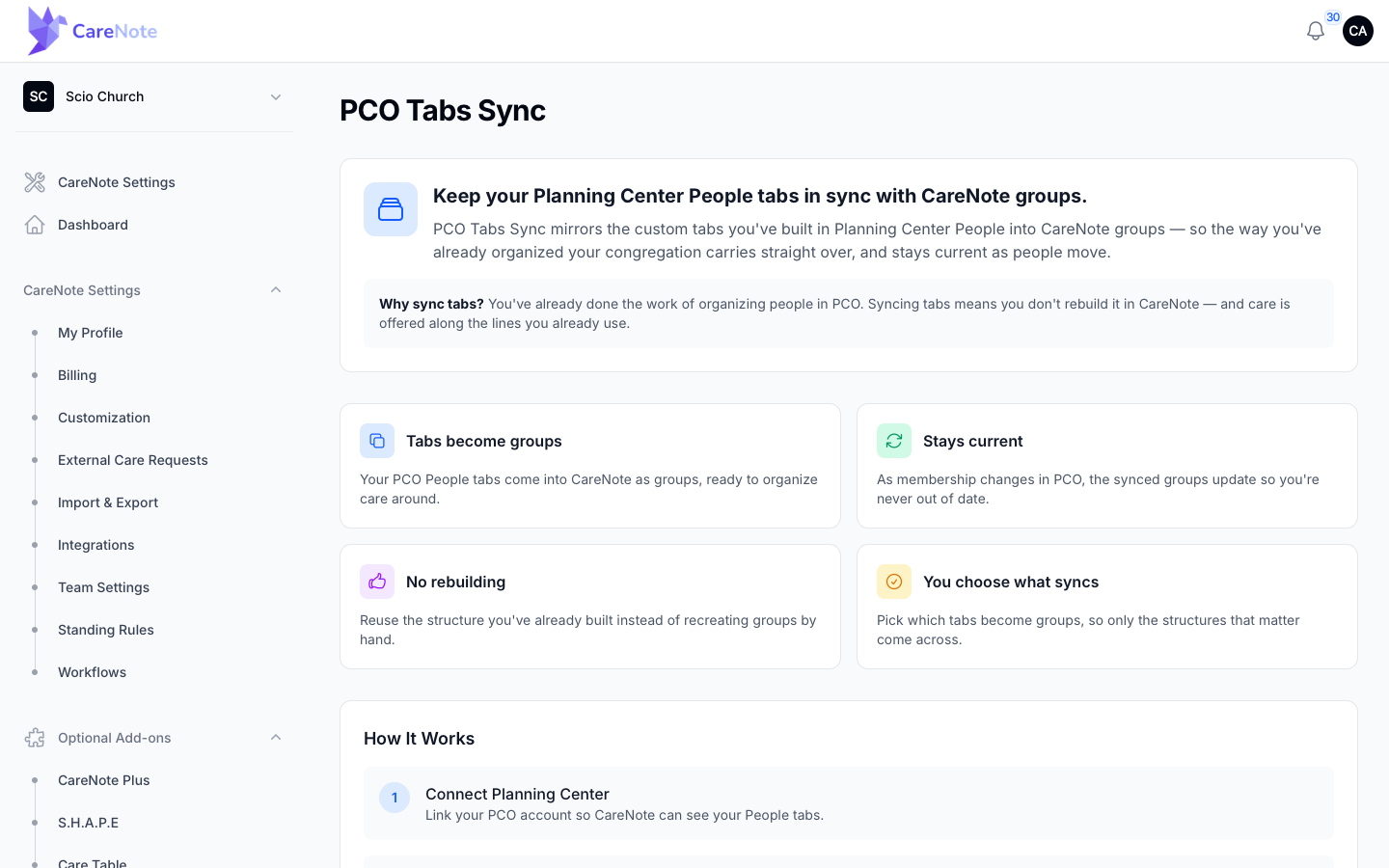 The PCO Tabs Sync page explaining how tabs become groups and stay current