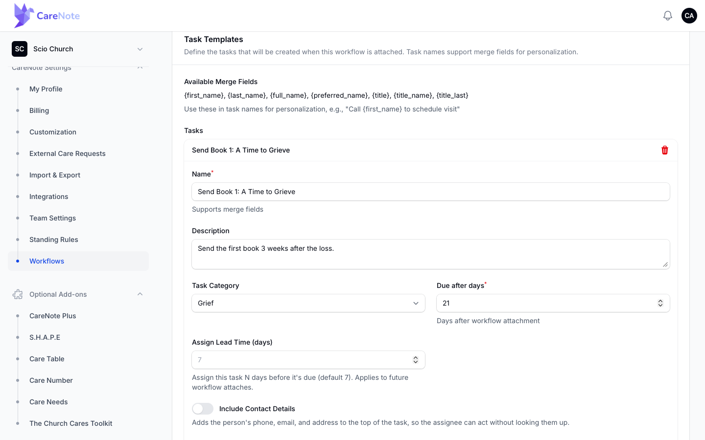 Task template showing Assign Lead Time and Include Contact Details