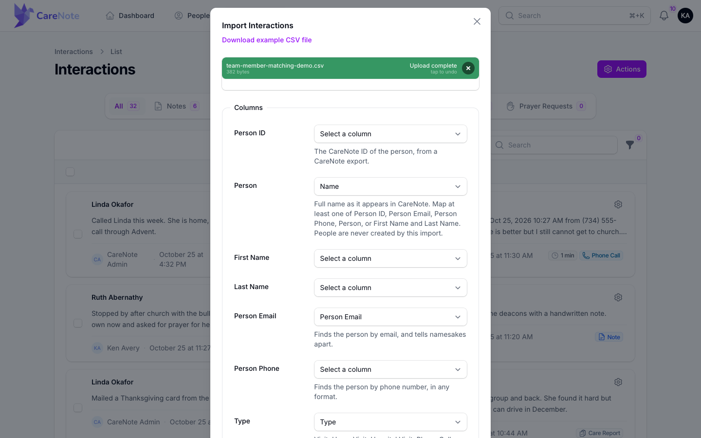 A Team Member's Columns box with a Name header matched to Person and Person Email matched