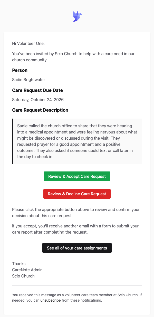 An assignment email with accept, decline, and see all of your care assignments buttons