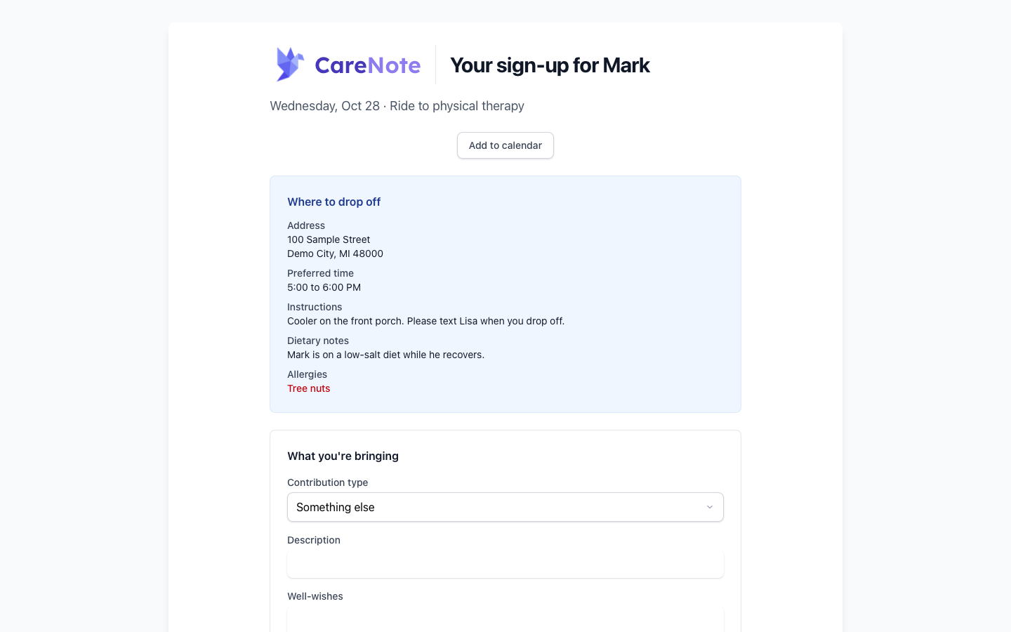 Helper sign-up page with Add to calendar