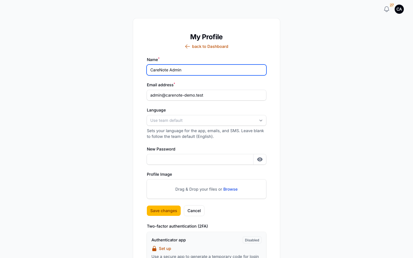 My Profile with the Two-factor authentication section showing a Disabled badge and a Set up link