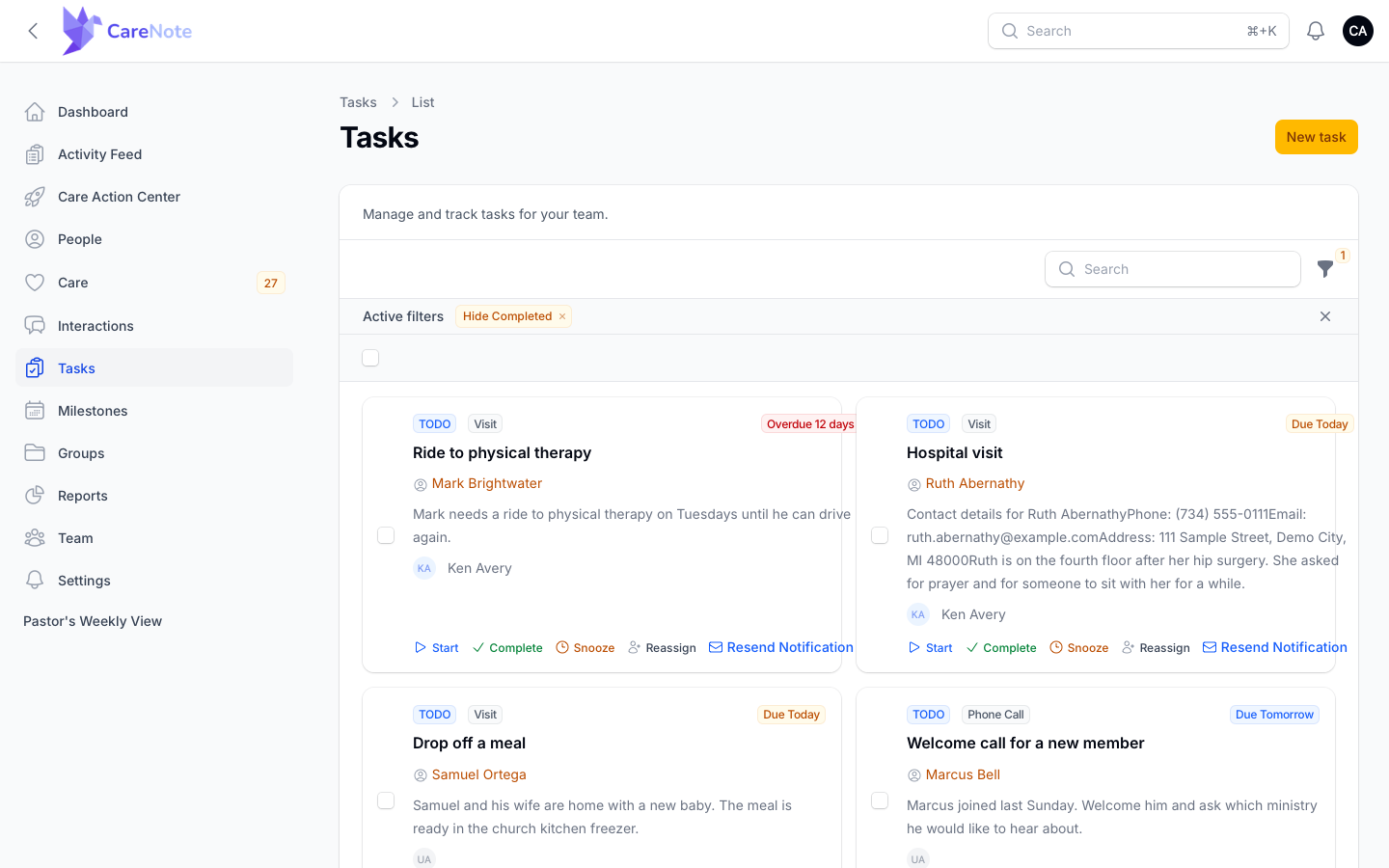 The Tasks list as cards, with Hide Completed active and Resend Notification on open cards