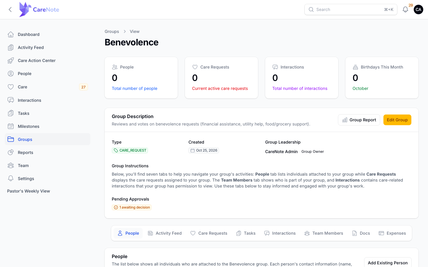The Benevolence group page with the Pending Approvals link showing 1 awaiting decision
