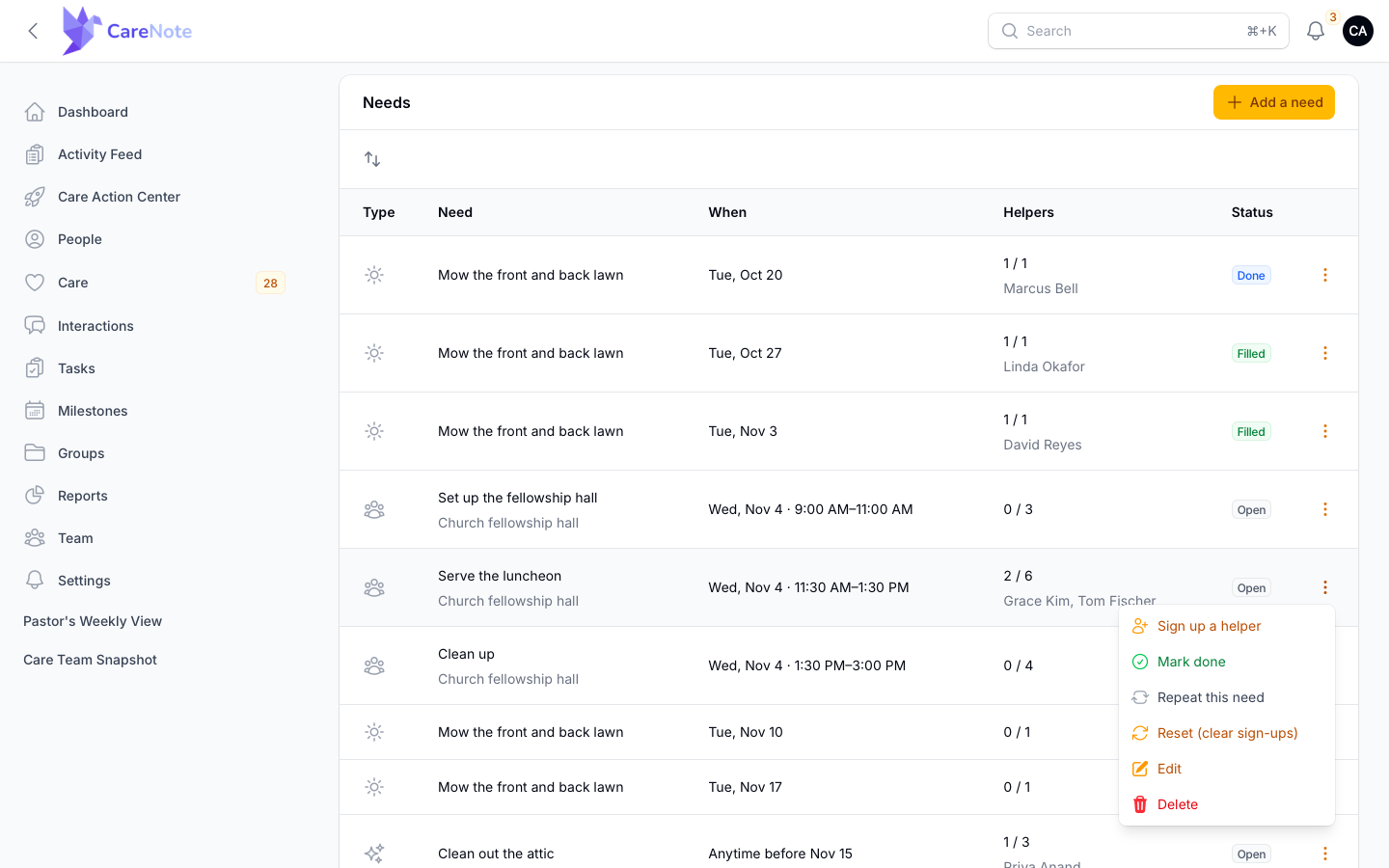 Needs row menu with Sign up a helper, Mark done, Repeat this need, Reset, Edit, and Delete