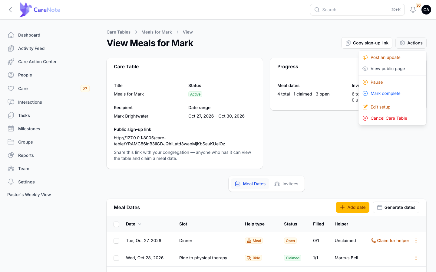 Active Care Table Actions menu
