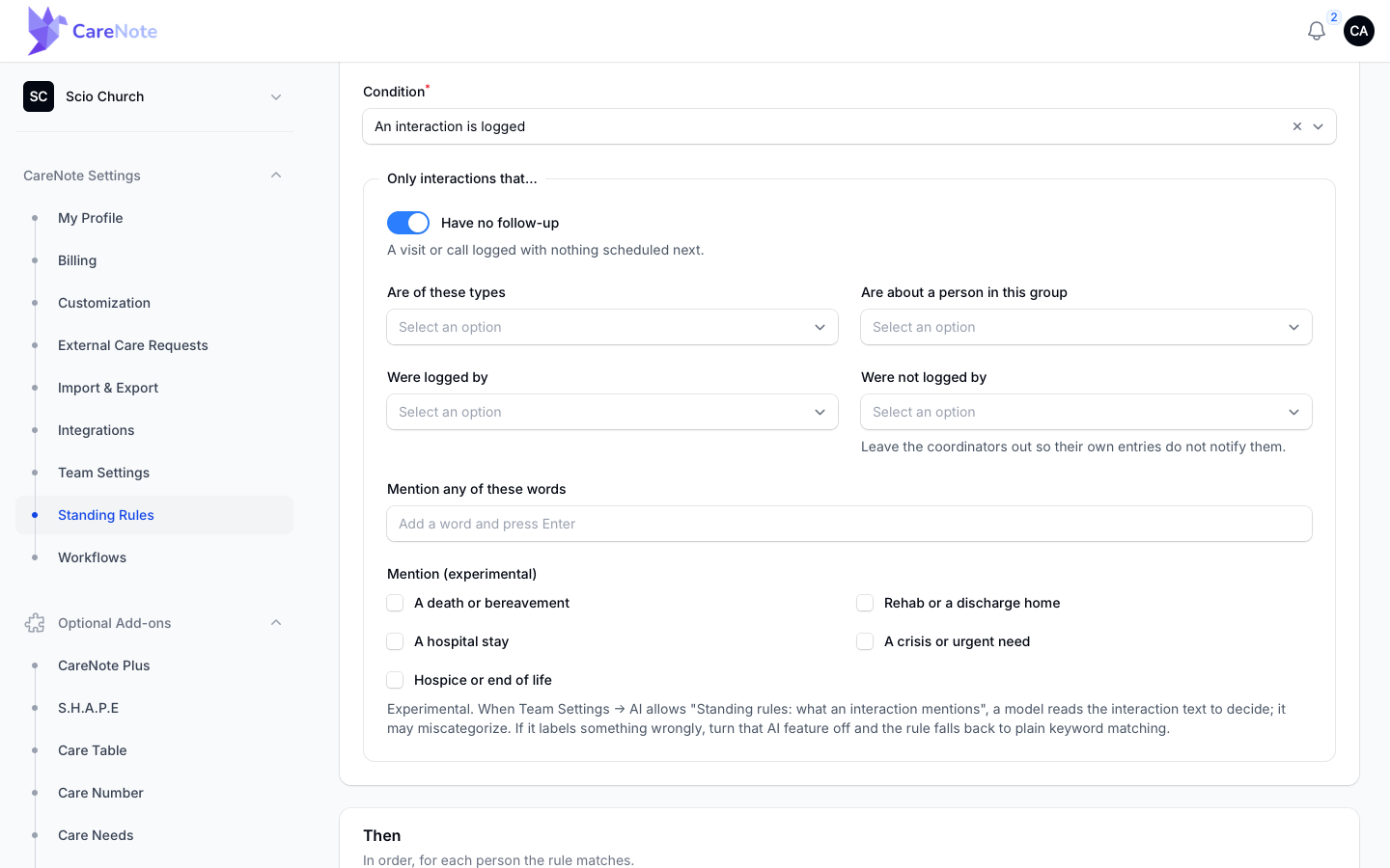 The interaction-logged filters, including Mention any of these words and the experimental Mention checklist