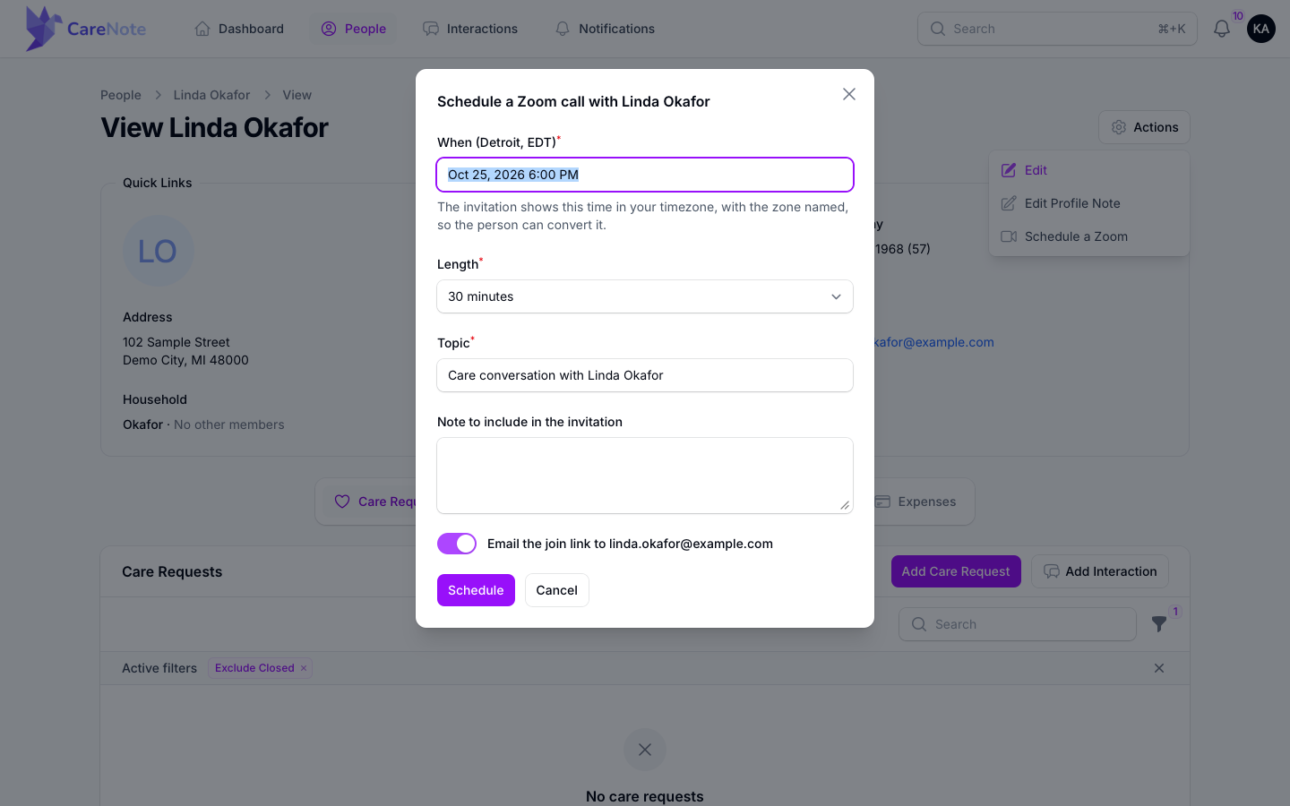 The Schedule a Zoom call form with When, Length, Topic, a note and the email the join link toggle