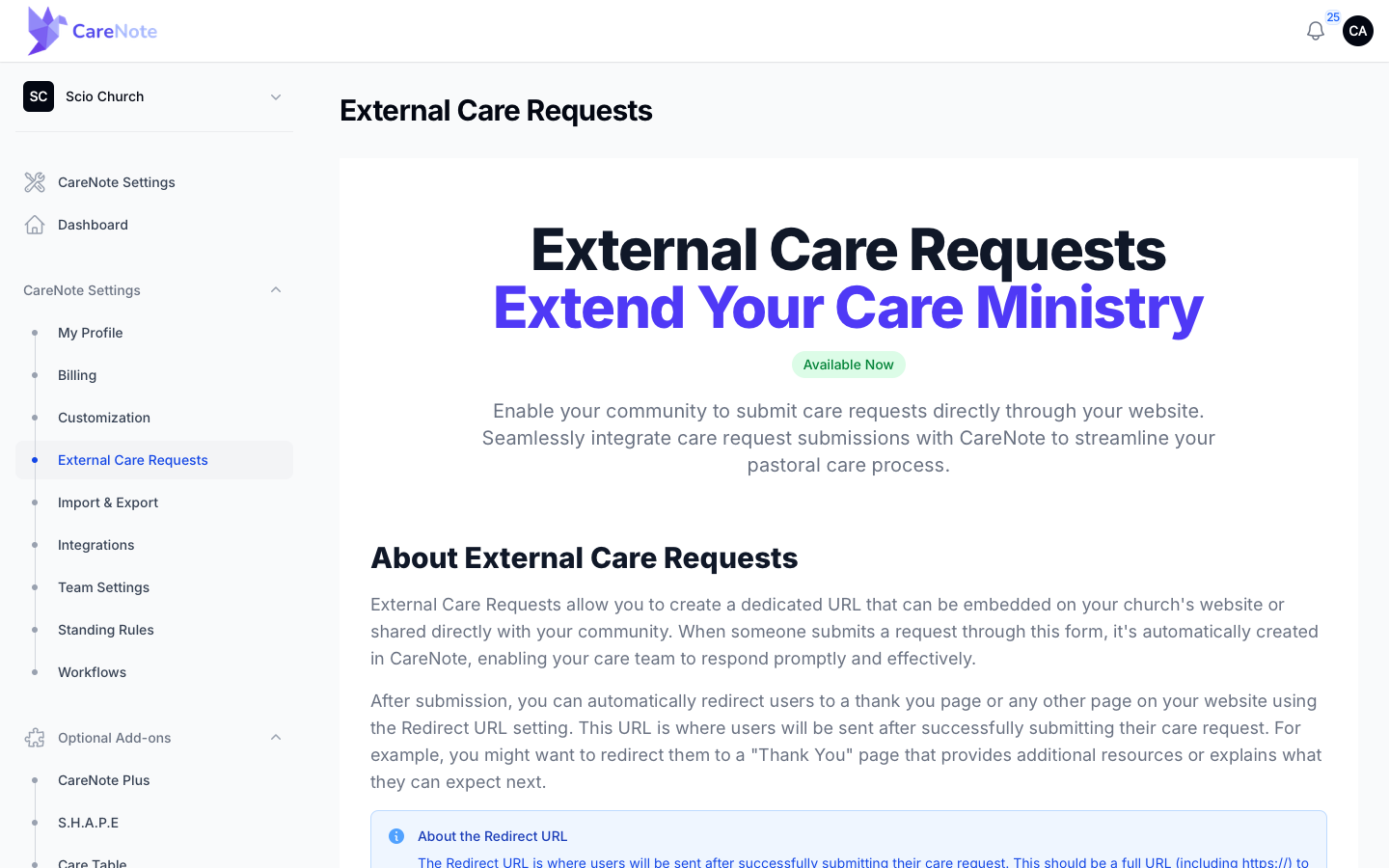 The External Care Requests card with the Enable toggle off