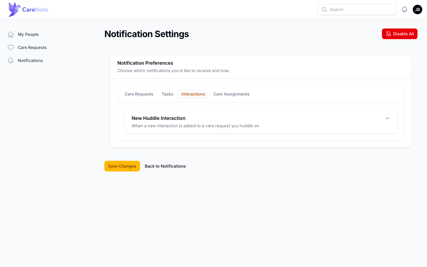 Notification Settings on the Interactions tab with New Huddle Interaction