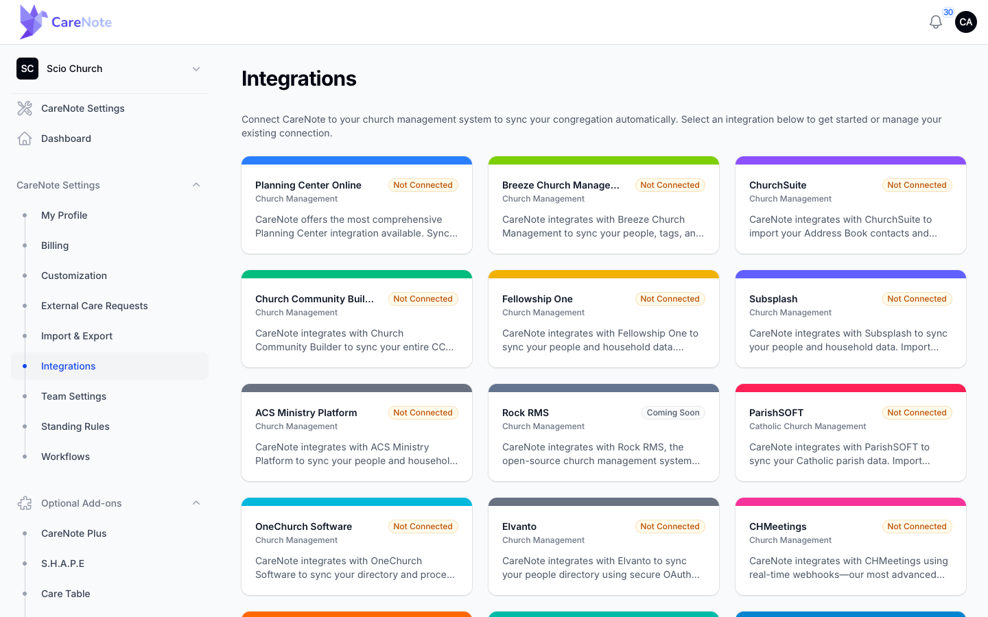The Integrations catalog with the Subsplash card showing Not Connected