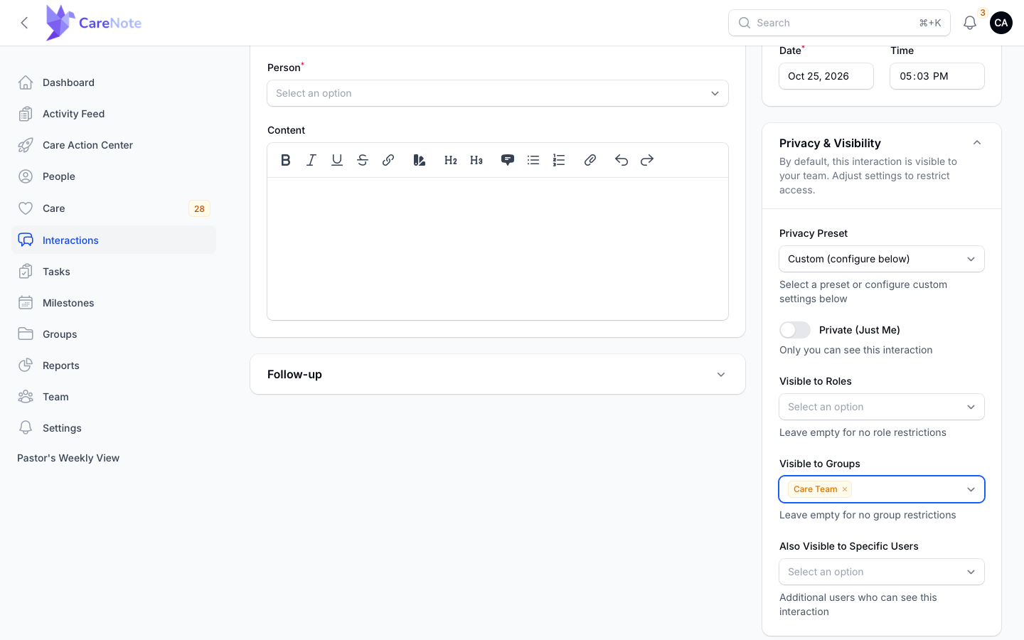 Privacy and Visibility panel with a Privacy Preset and Visible to Groups set to a group