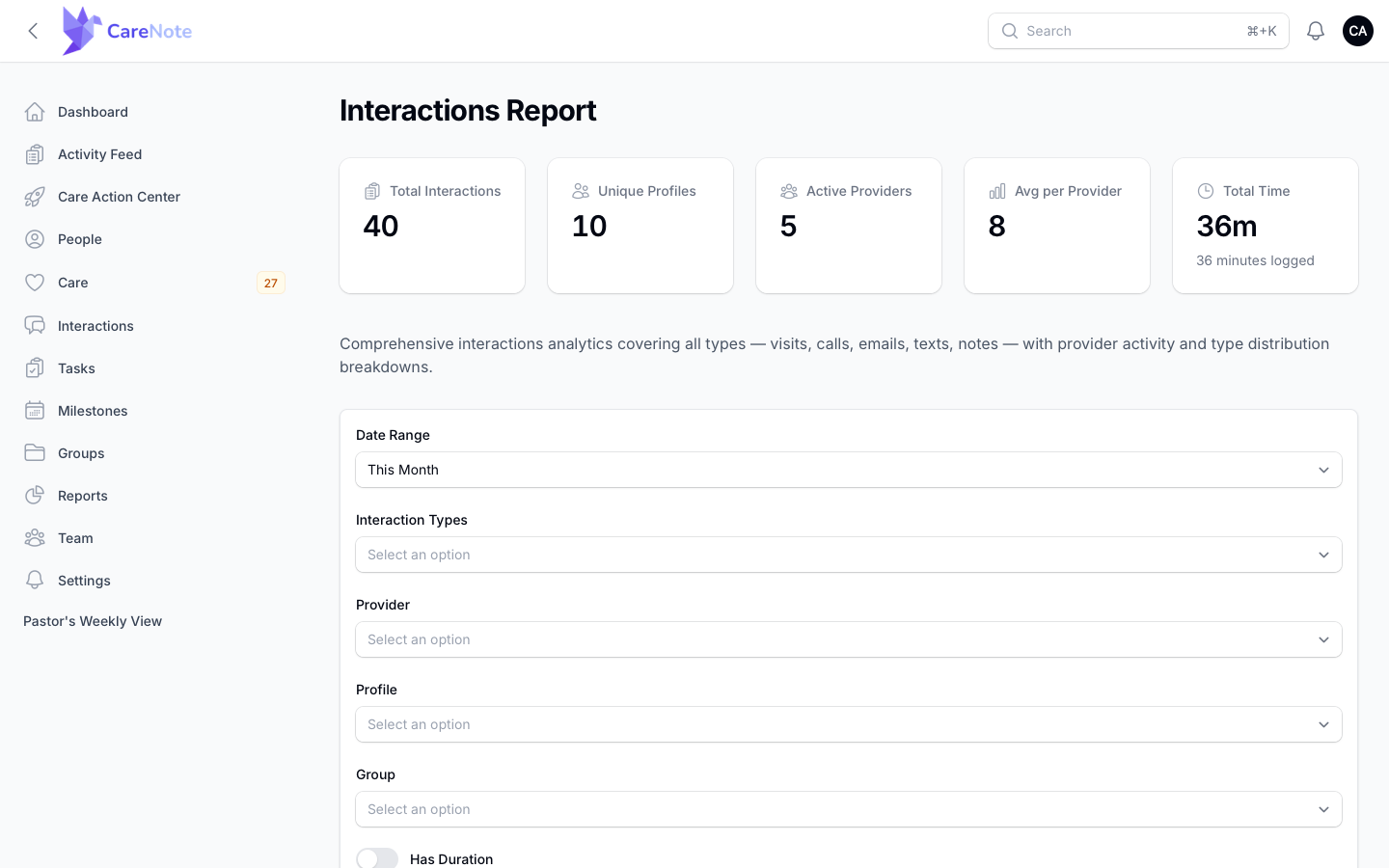 The Interactions Report with the Total Time tile and its filters