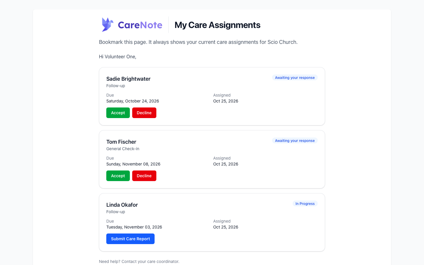 My Care Assignments listing a request awaiting a response with Accept and Decline