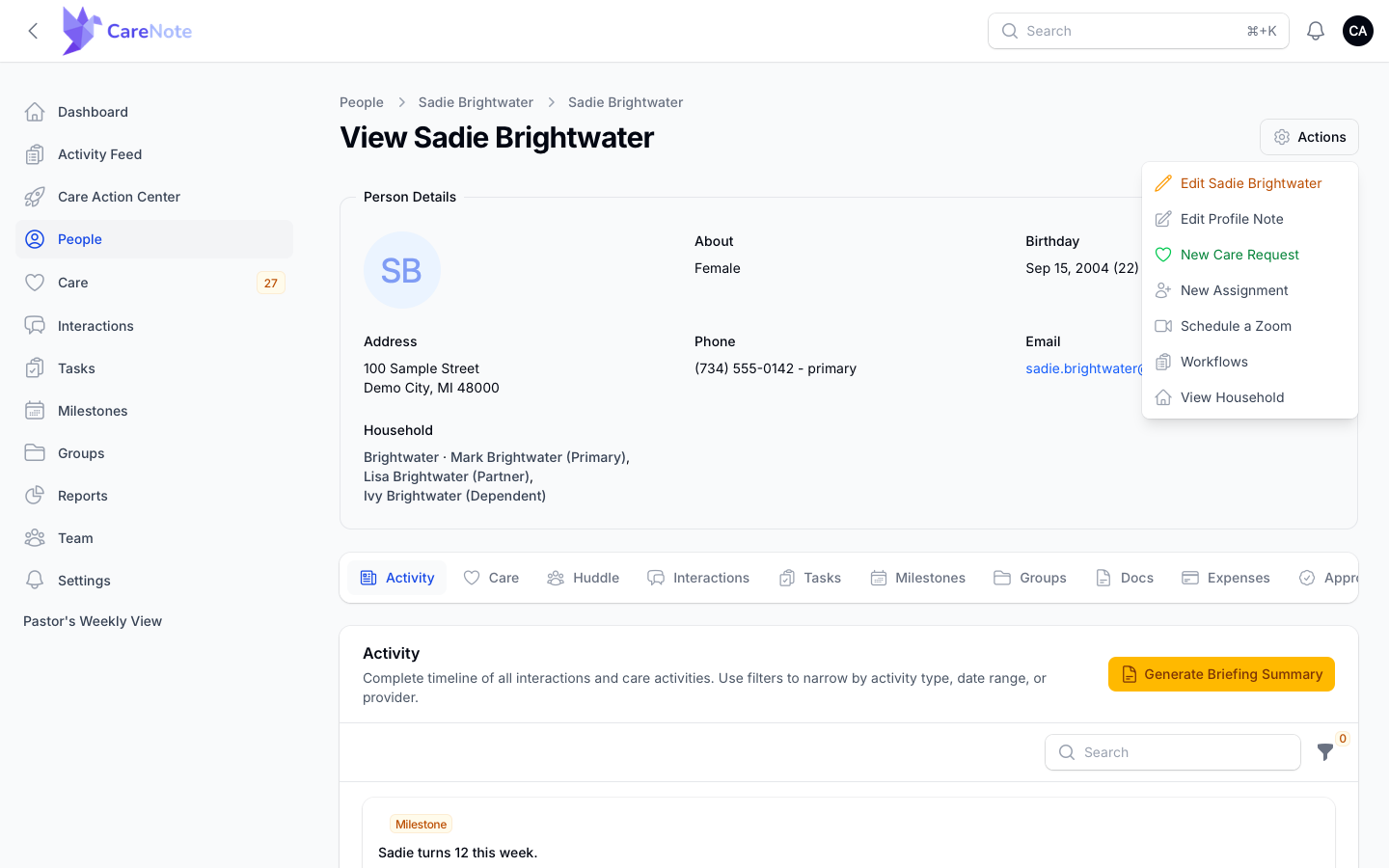 Gear Actions menu on a person page with Workflows listed