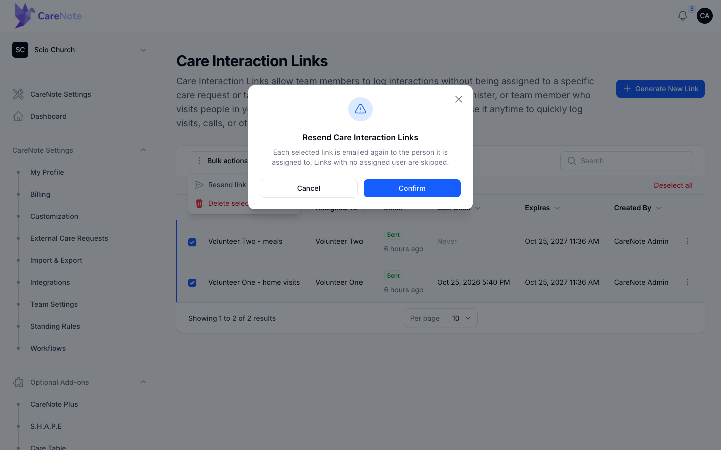 The Resend Care Interaction Links confirmation