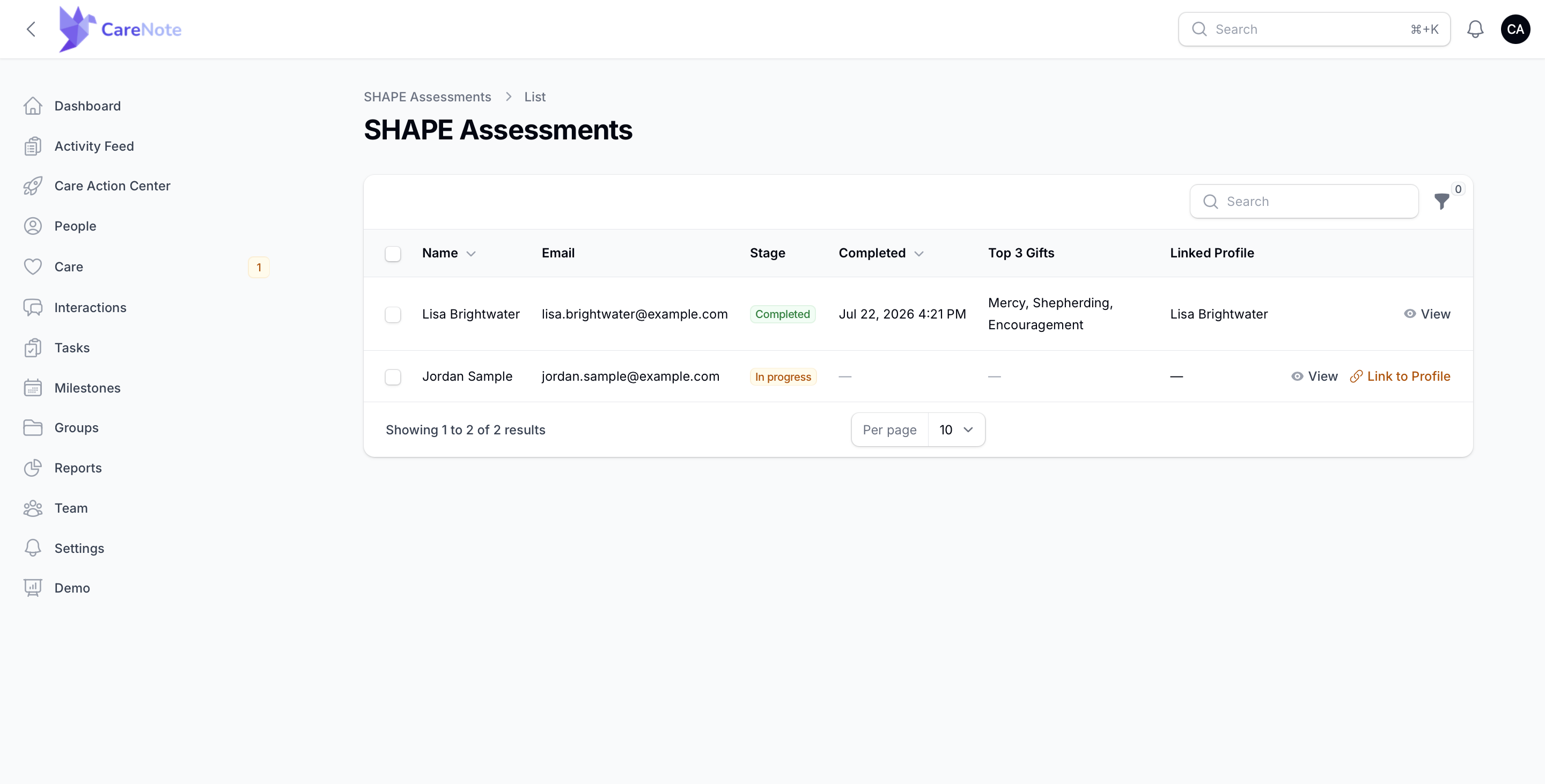 The SHAPE Assessments list with stage badges, top gifts, and a Link to Profile action
