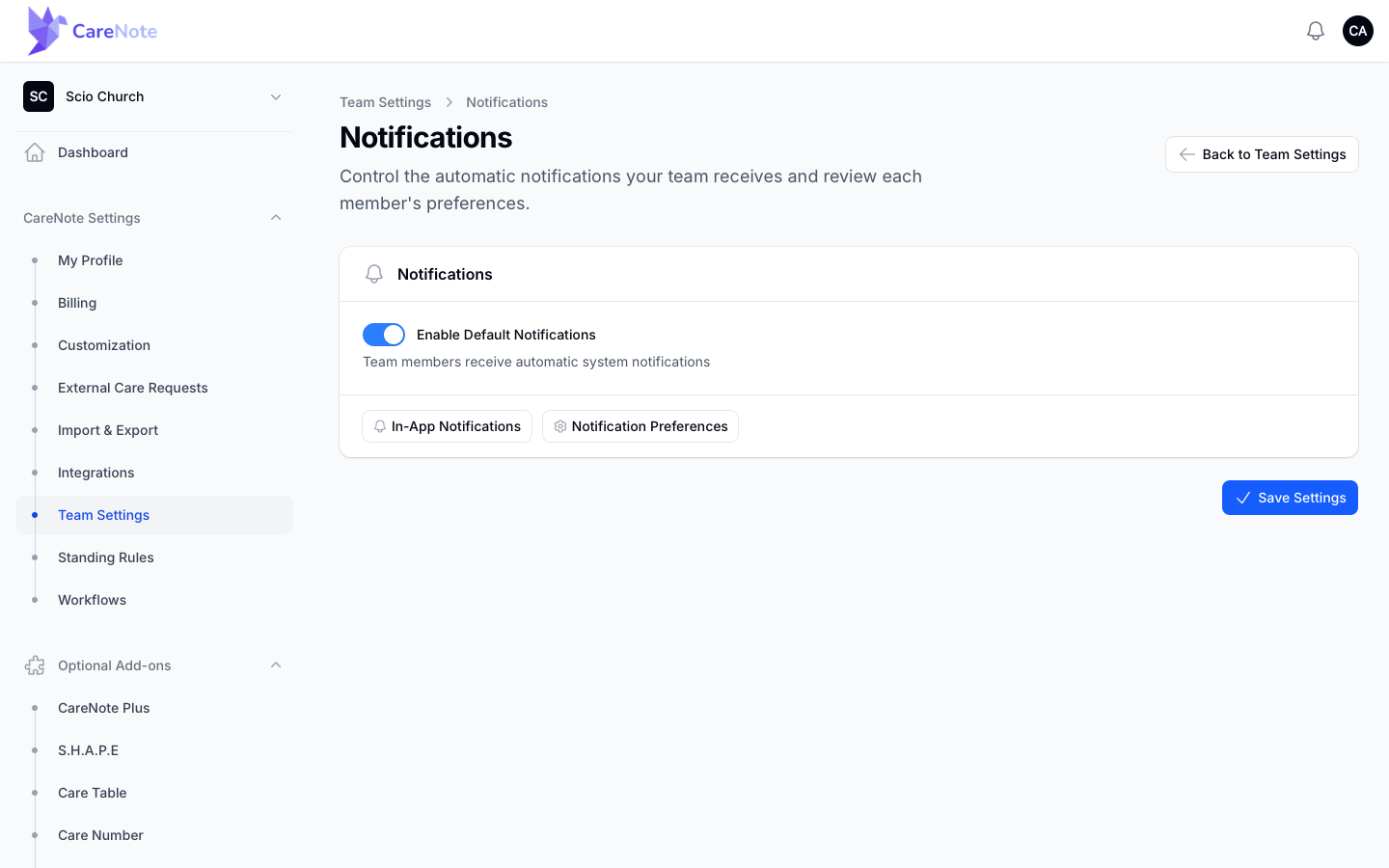 Team Settings Notifications with the Enable Default Notifications switch