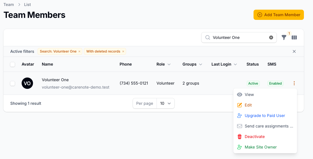 The Team Members page with the row menu showing Send care assignments page