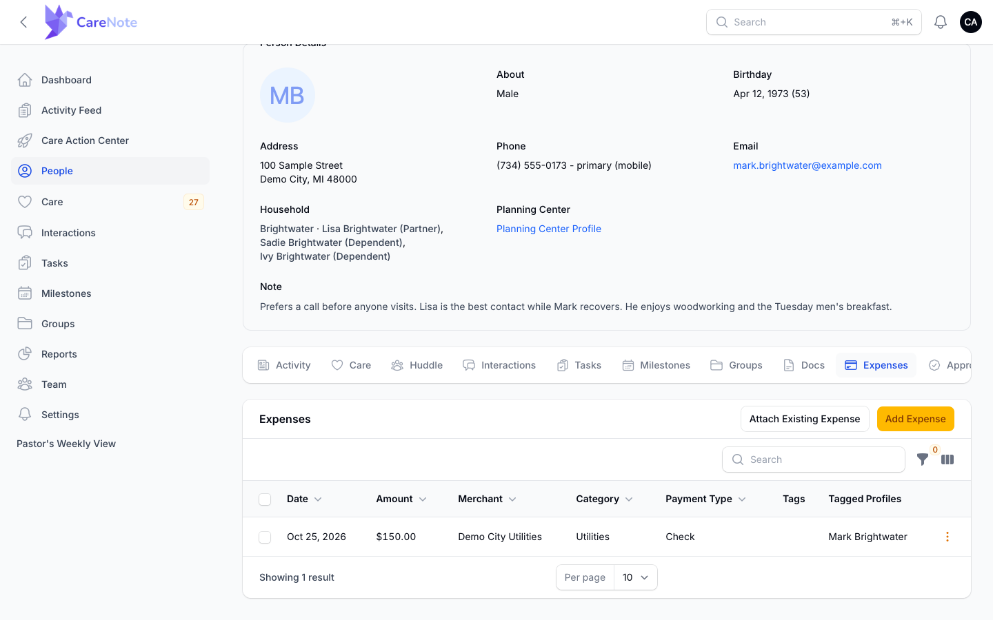 The Expenses tab on a person, with Attach Existing Expense and Add Expense buttons above the table