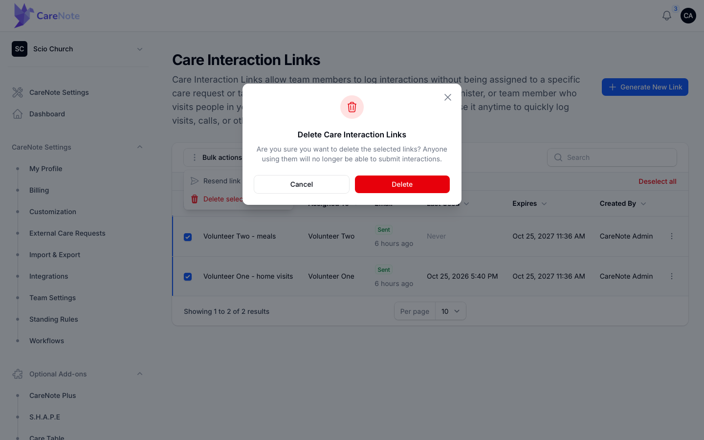 The Delete Care Interaction Links confirmation