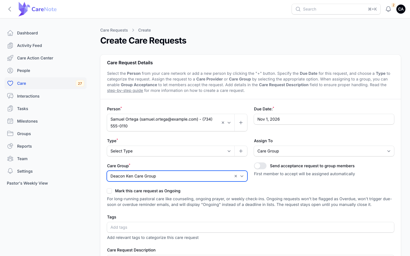 The Care Group branch with the Send acceptance request to group members toggle