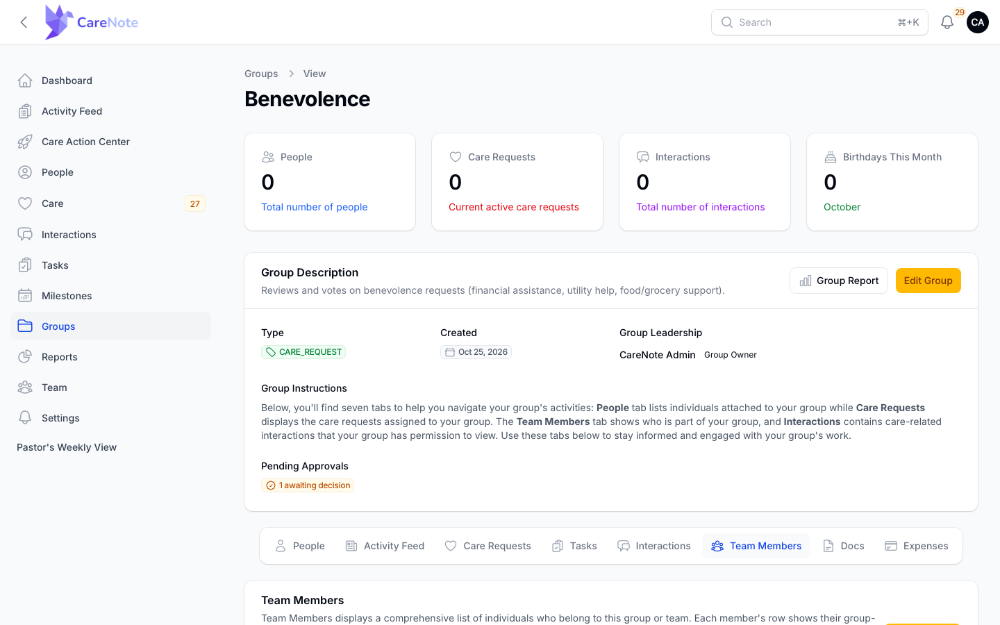 The Benevolence group's Team Members tab listing the committee, with CareNote Admin as Group Owner