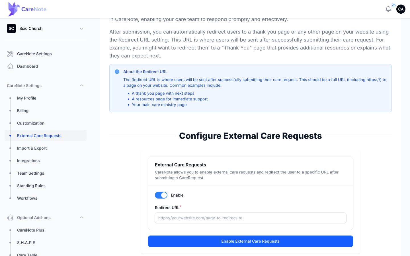 The Redirect URL field and the Enable External Care Requests button