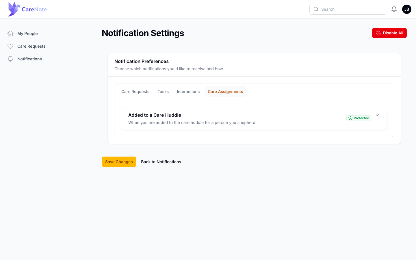 Notification Settings on the Care Assignments tab with Added to a Care Huddle