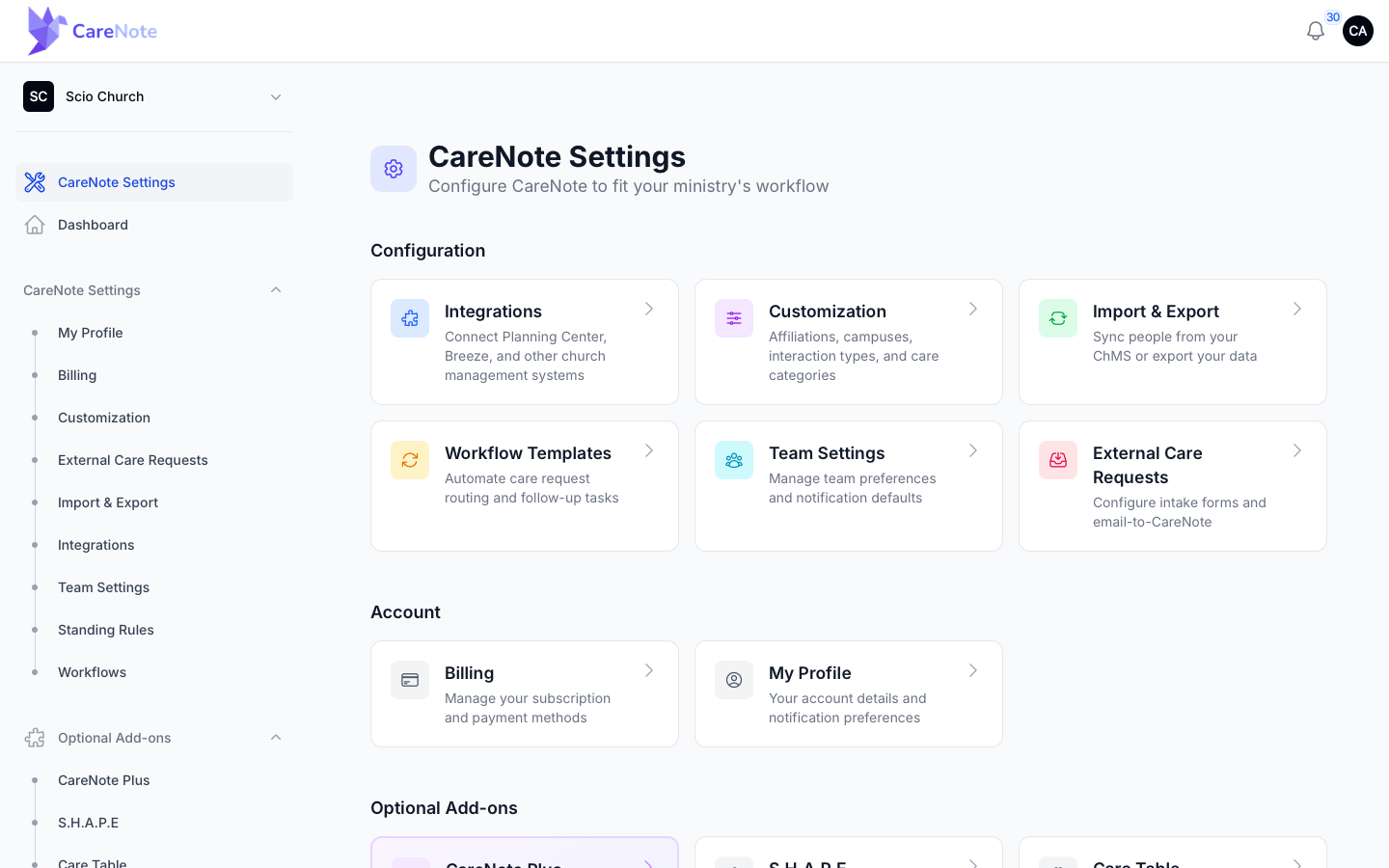 The CareNote Settings page with the Optional Add-ons group in the sidebar