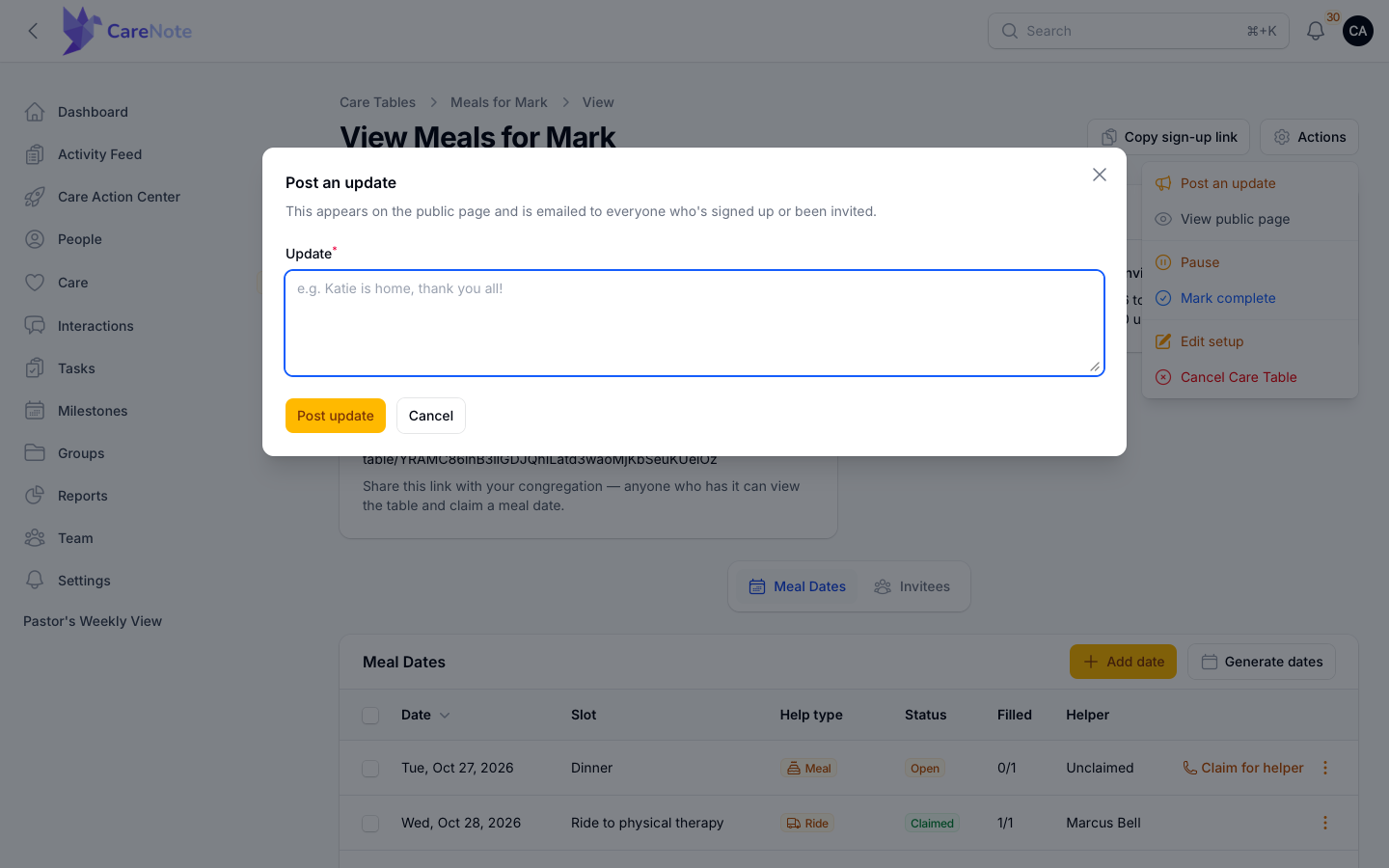 Post an update modal