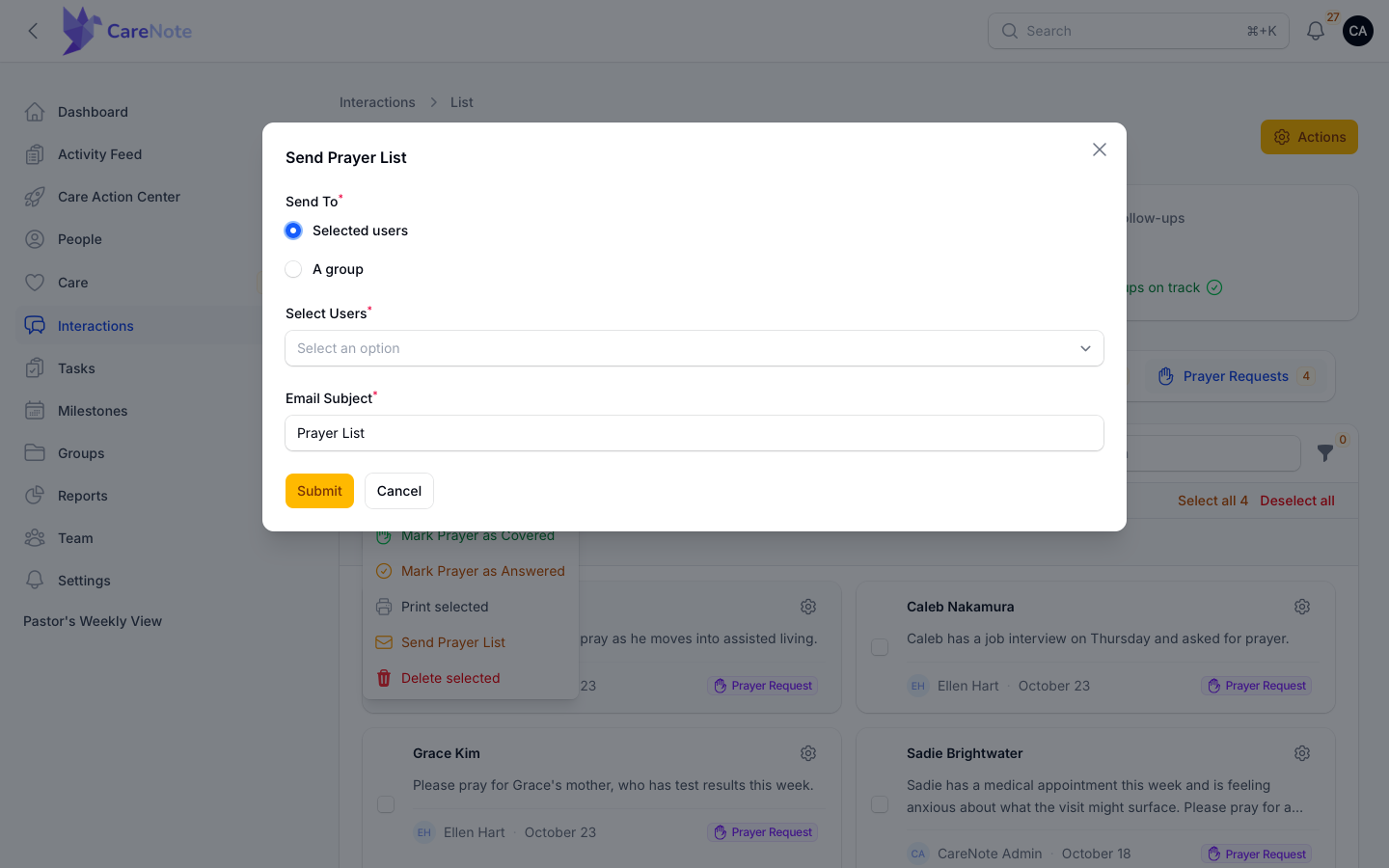 The Send Prayer List modal with Selected users chosen