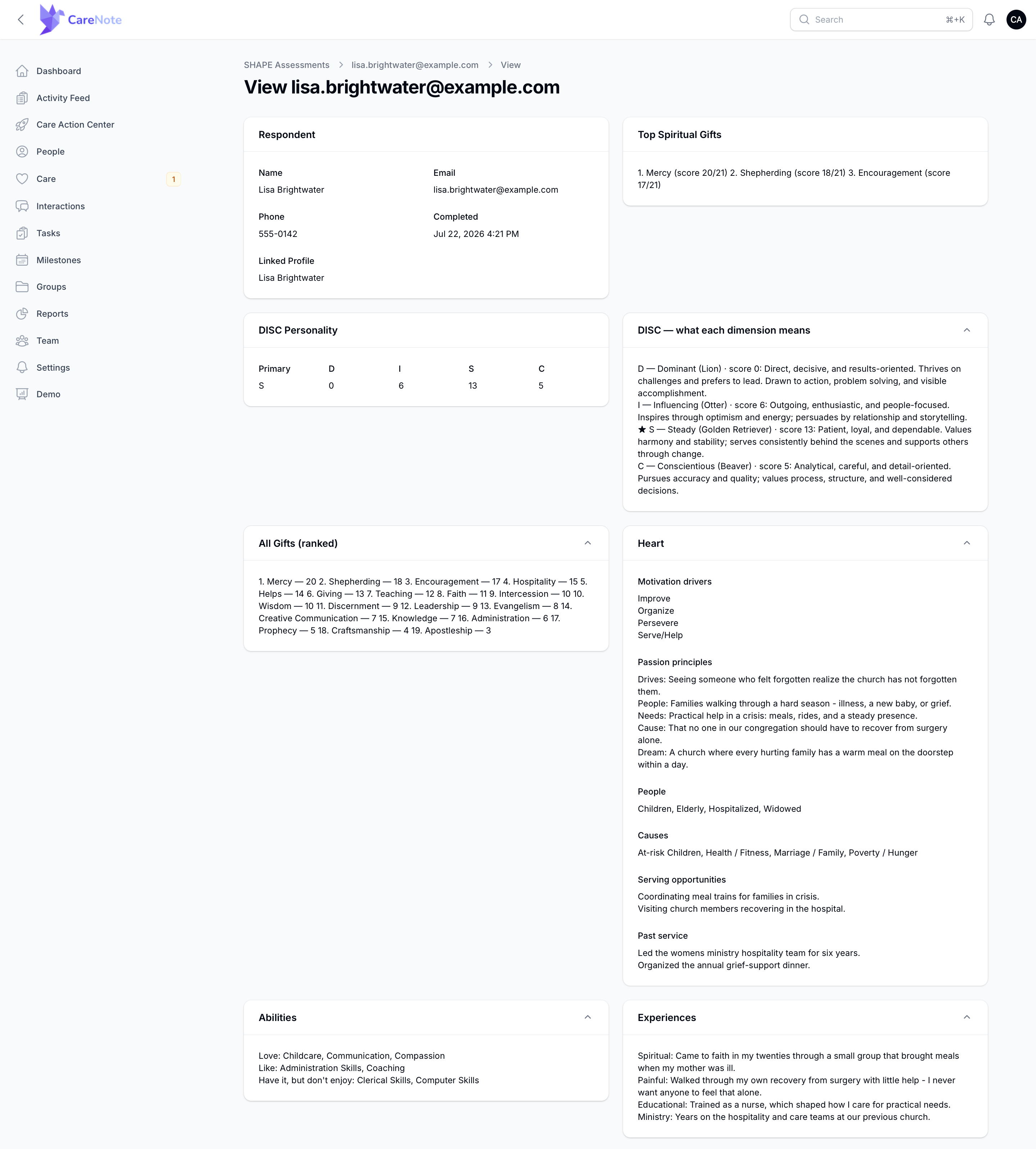 The full SHAPE assessment with respondent details, top gifts, the DISC breakdown, and the written answers
