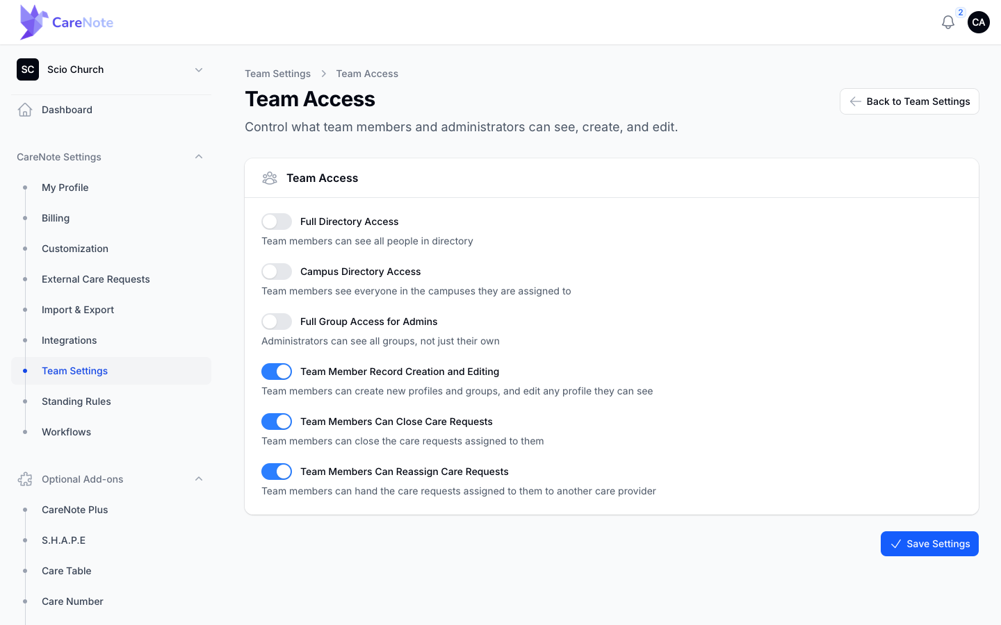Team Access settings with directory, campus and record editing toggles