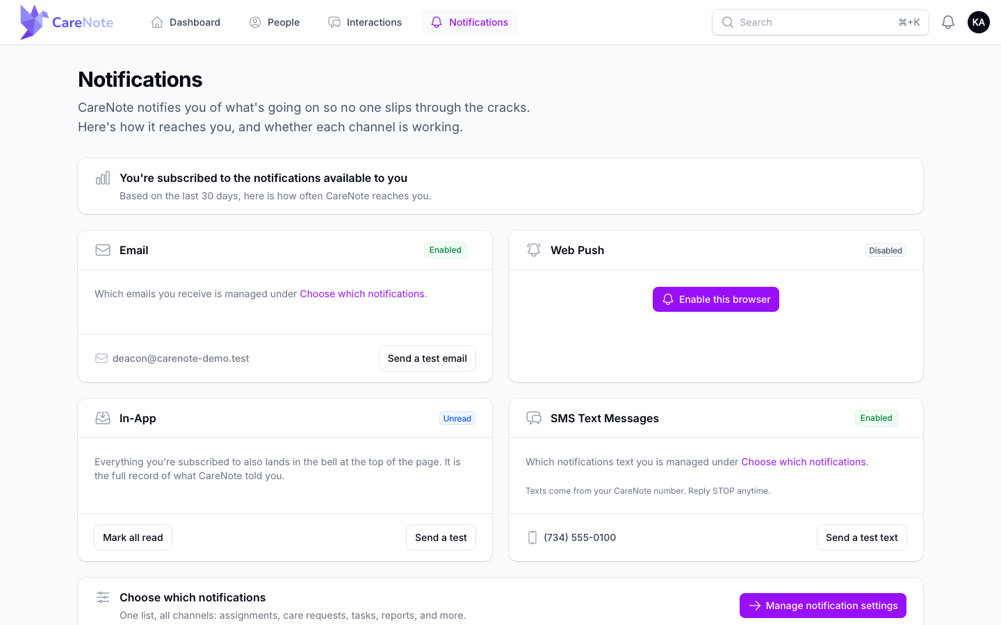 A Team Member's hub with text messages enabled and a Send a test text button