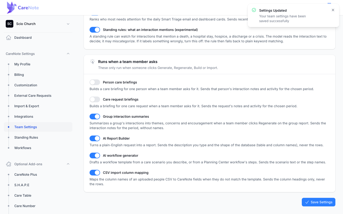 The AI page after saving the two briefing switches off, with the Settings Updated message.