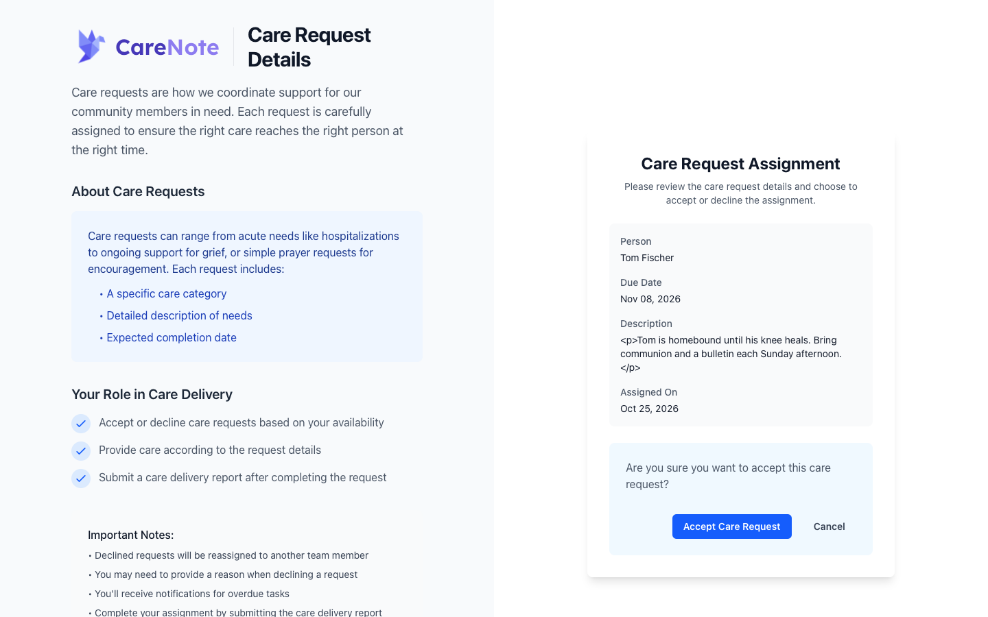 The Care Request Assignment page asking Are you sure you want to accept this care request