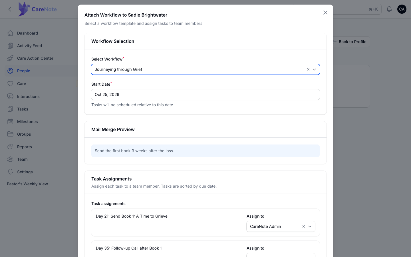Attach Workflow modal with a template selected and Mail Merge Preview