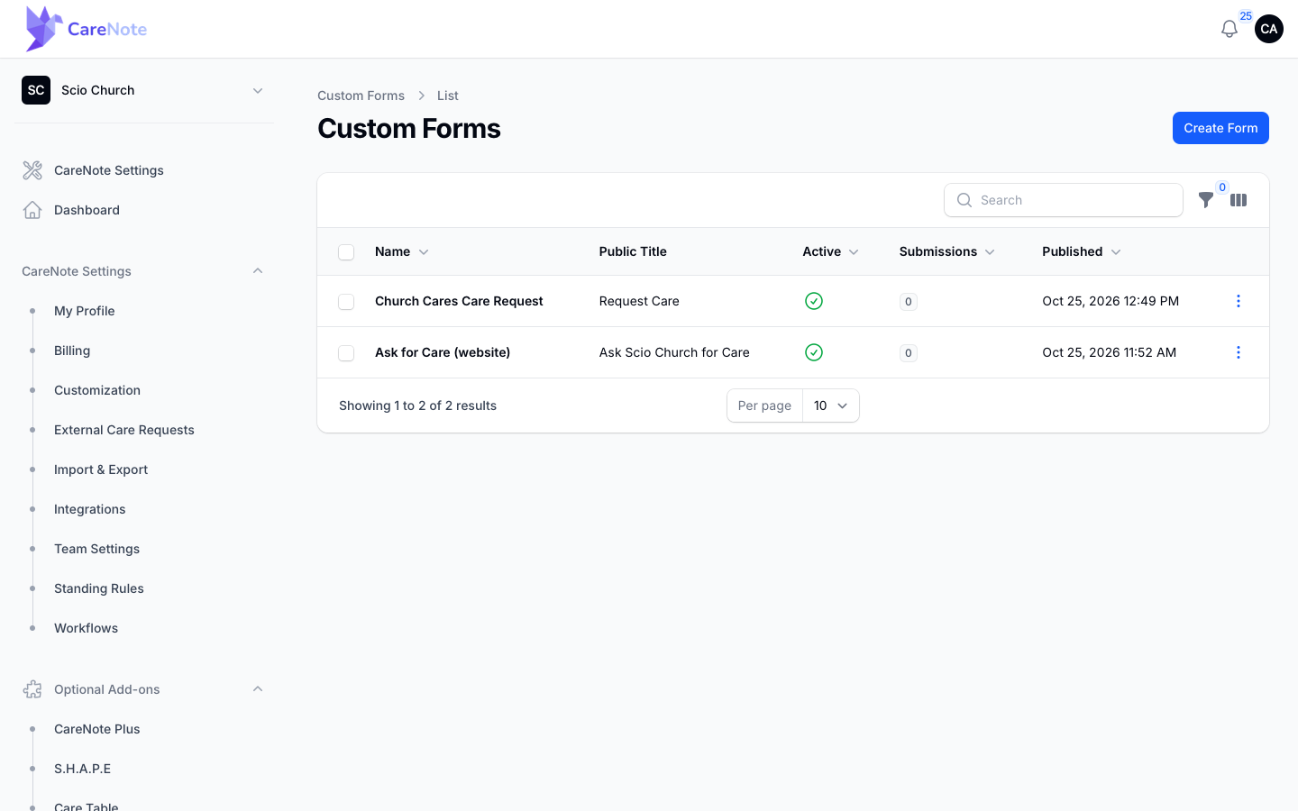 The Custom Forms list showing two forms