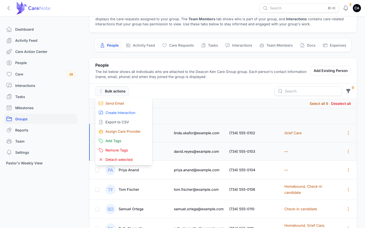 Bulk actions menu on the People tab with Send Email, Create Interaction and Export to CSV