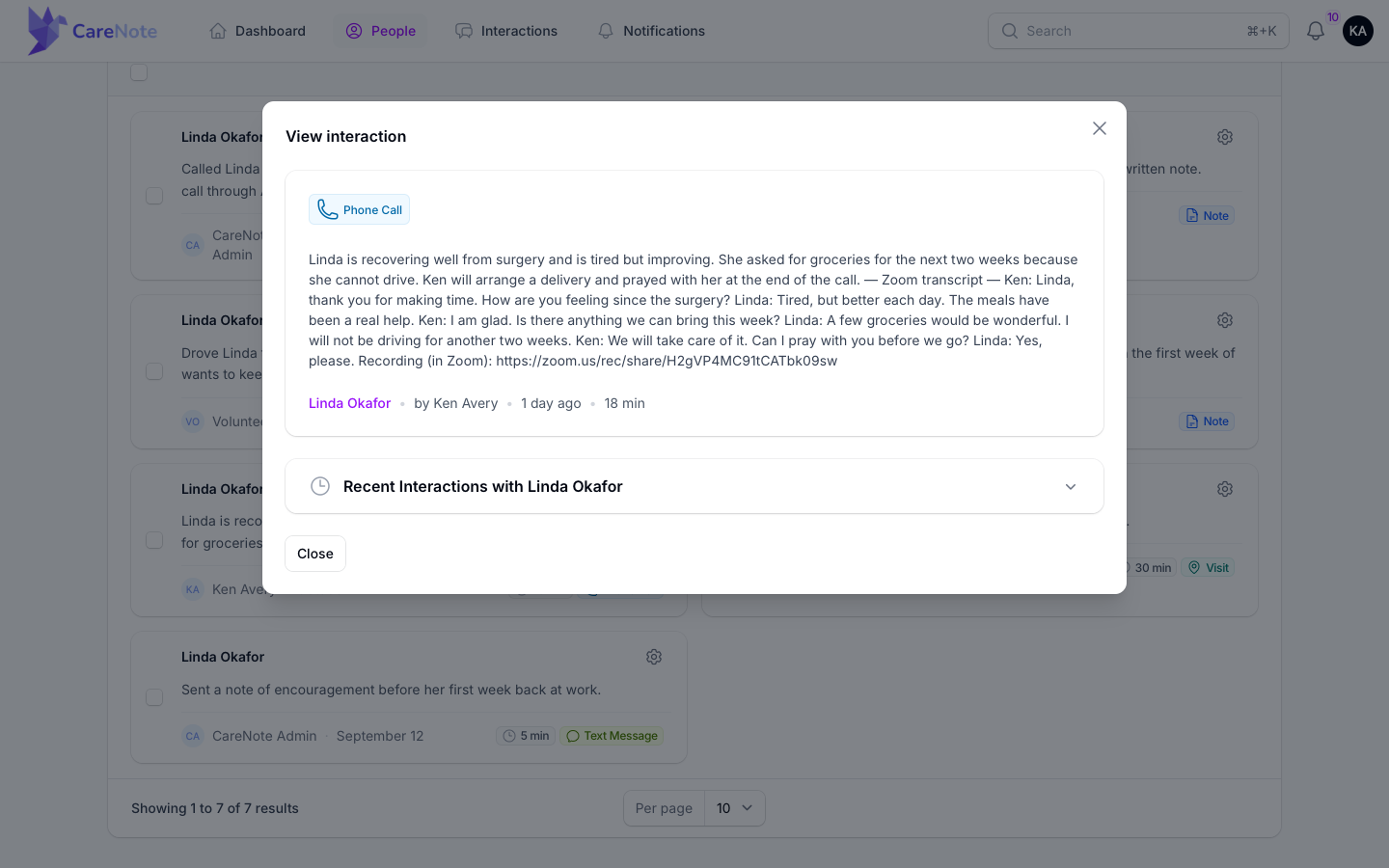 View interaction showing the summary, the Zoom transcript and the recording link
