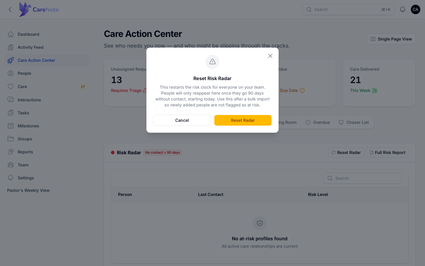 The Reset Risk Radar confirmation explaining that the risk clock restarts for everyone on your team