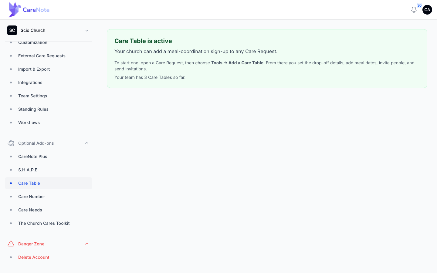 Settings, Optional Add-ons, Care Table page