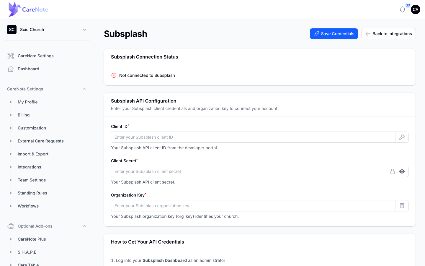 The Subsplash page before connecting, with Save Credentials and the three empty fields