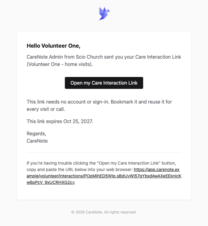 The link email with the Open my Care Interaction Link button