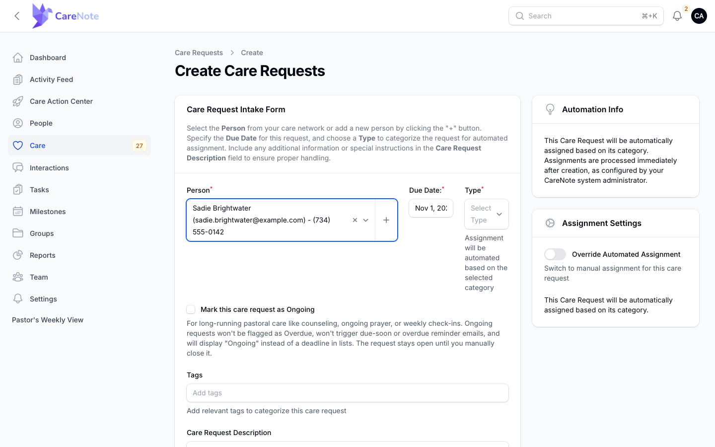 The automated form with Automation Info and Assignment Settings cards