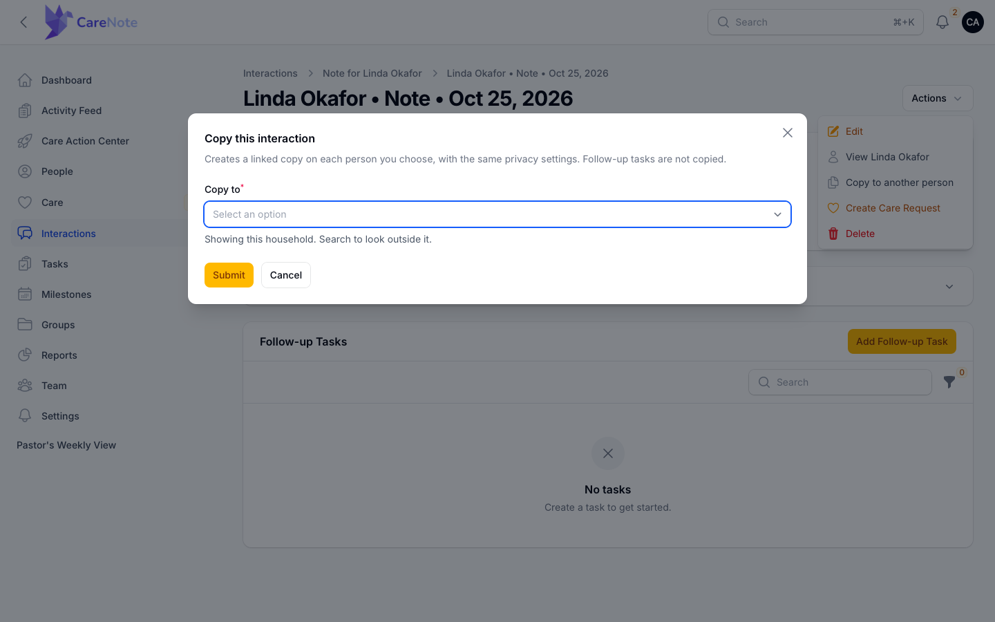 The Copy this interaction modal with the Copy to field